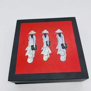 Vintage Coasters Asian Mother of Pearl Inlay Figures on Red & Black Set of 6